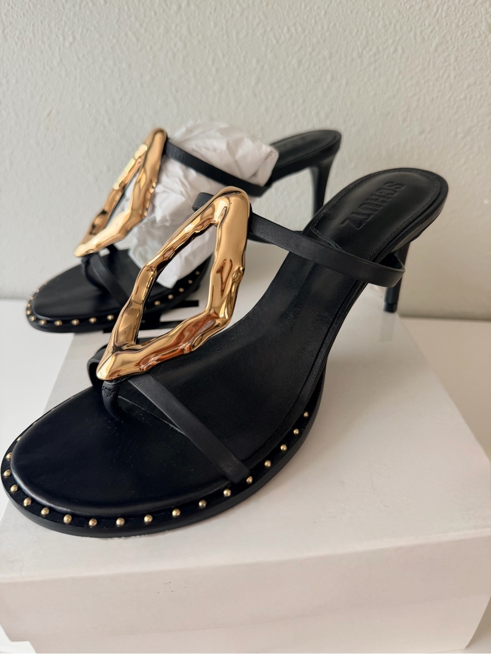 SCHUTZ Heeled Sandals with Gold Embellishment Stone